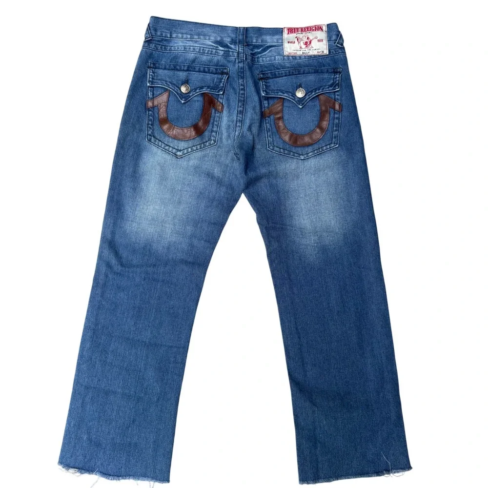 Y2K True Religion Billy Jeans 36‎ Blue Leather Horseshoe Faded Raw Hem Skater